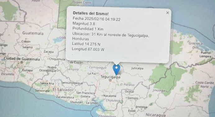INETER reporta un sismo de 3.8 en Honduras